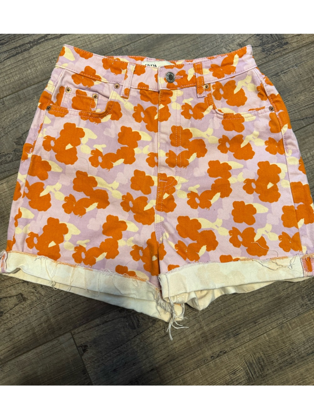 Zara Orange Floral Print Pink Denim Shorts